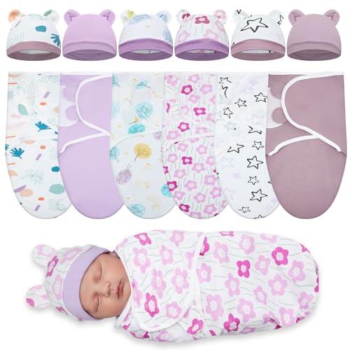 Image of Ramede 6 Pack Preemie Swaddle Blanket with Hats Sleep Swaddle for Baby Boy Girl Preemie Newborn Sacks Soft Cotton Wearable(Tree,Purple)