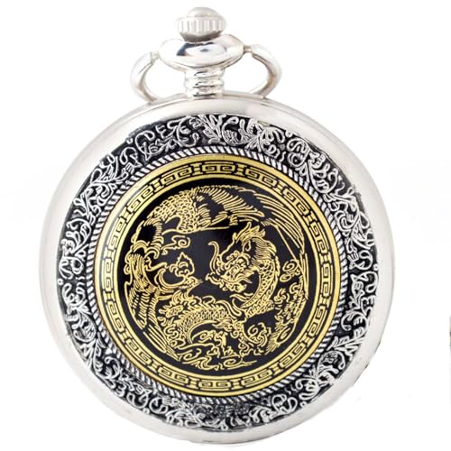 Afcrho Pocket Watch for Men Women Silver Dragon and Phoenix Quartz Pocket Watches with Chain