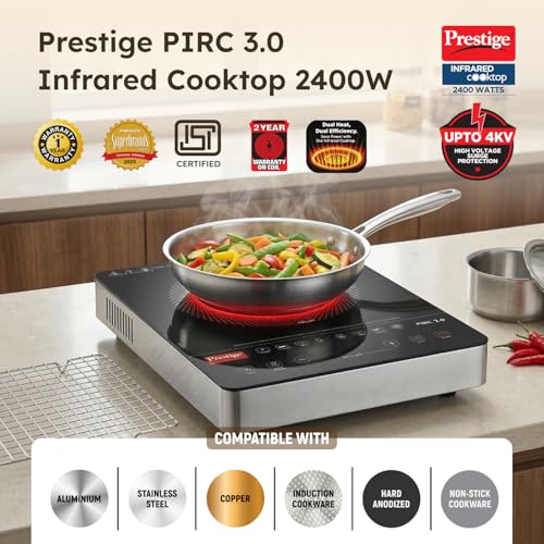 Image of Prestige PIRC 3.0 2400W Infrared Cooktop Black and Silver|Radiant Heating Technology|Sleek Design|Feather Touch Panel|1 Years Warranty on the Product and 2 Years on Coil