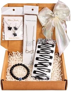 Women's Jewelry & Hair Accessories Gift Box Set, Butterfly Necklace & Earrings, Infinity Pendant, Black Beaded Evil Eye Br...