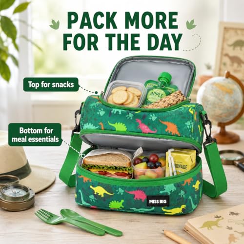 MISS BIG® Kids Lunch Bag for Boys, Dinosaur Insulated Lunch Bag with Two-Tier Storage, Adjustable Shoulder Strap, Lunch Box Bag for Kids, School, Daycare, Picnic, and Travel — view 3