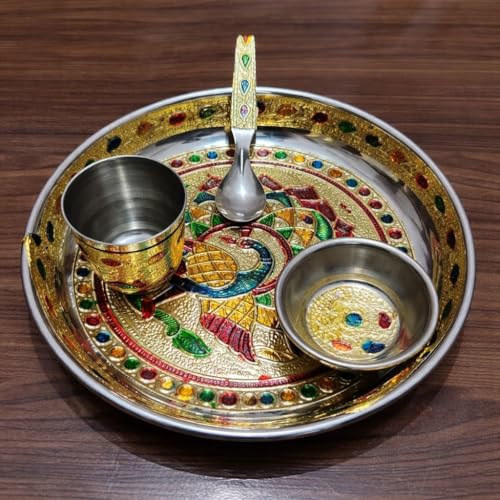 Image of Laddu Gopal| Thakur ji| khanha| Bal Gopal ke Bartan /Pooja thali Medium- 5 pcs Set - Multicolor Minnakari Stainless Steel Bhog Thali with Glass, 1 Bowl and Spoon