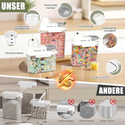 HQEUZ 2er Set Vorratsdose 1.8L Luftdicht Müslidose, Schüttdose Aufbewahrungsbox mit Messbecher für Lebensmittel wie Bohnen, Zucker, Reis, Nüsse, Snacks, Süßigkeiten oder Tierfutter (M. Grau)