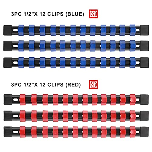 Casoman 6 Pieces 1/2" Drive Socket Organizer Rails, Sae And Metric Socket Holder Rail, Red & Blue Premium Quality Socket Holder, Mountable Sliding Tray Rack Tool Rail Holder, For 1/2-Inch Socket Only #TOP2