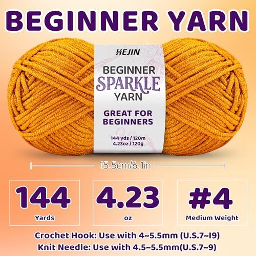 Image of 120g Orange Sparkle Yarn for Crocheting and Knitting; 120m(144yds) for Beginners with Easy-to-See Stitches; Worsted-Weight Medium #4; Yarn for Beginners Crochet Kit Making