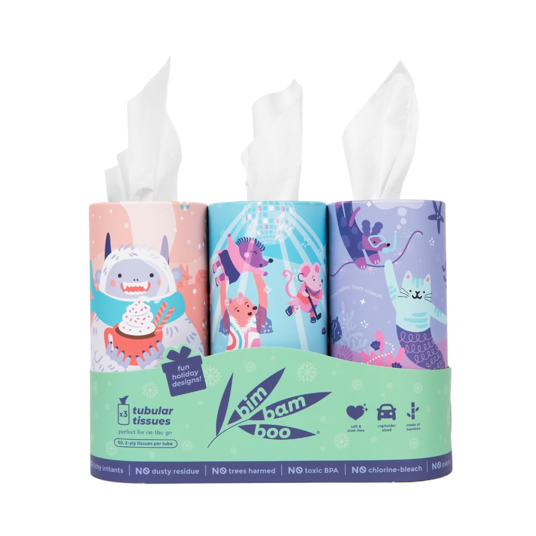 Festive Winter Kid-Friendly Facial Tissues for Travel and To-Go, Fits in Cupholder and made of Bamboo
