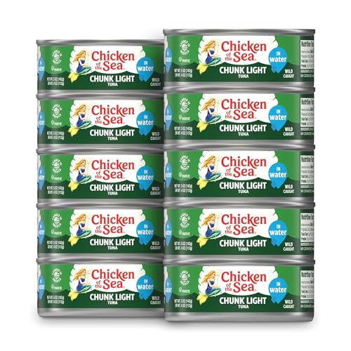 Chicken of the Sea Wild Caught Chunk Light Tuna, 5 Ounce Cans, 10-Count – High Protein 100% Classic Chunk Tuna in Water – Delicious, Easy, Nutritious Ready to Eat Meals