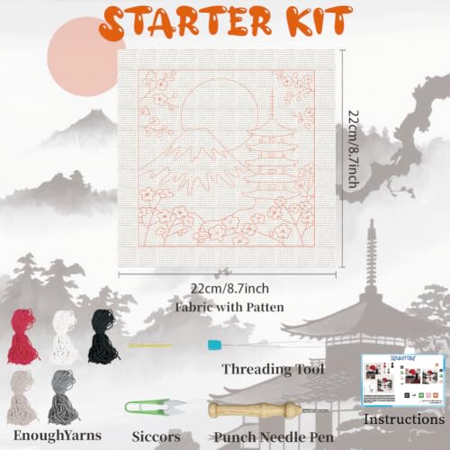 Image of BEUNITONE 2Set Punch Needle Kit with Frame for Adults Beginners, Japanese Style Needlepoint Crafts Kit for Adults, Complete Embroidery Starter Kits with Pre-print Pattern for Gift Home Decor 9.4 inchx9.4 inch