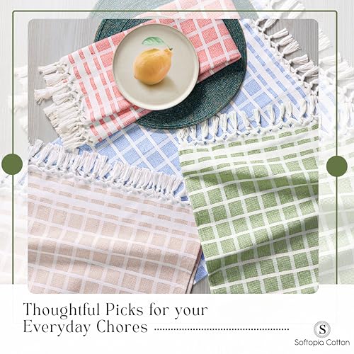 Image of Matrix Dobby Kitchen Towels Set of 4, 100% Cotton, Combo Pack, 16 inchx26 inch, Absorbent Tea Towels with Handmade Tassels, Reusable Cleaning Cloths - Orange, Mint Green, Sky Blue, Beige