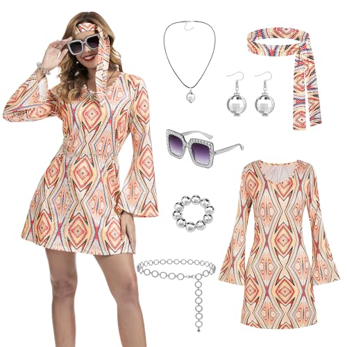 PORJDN 60s 70s Hippie Costume for Women - 7 Piece Disco Party Outfit with Flared Dress, Peace Sign Necklace, Earrings, Headband, Sunglasses, Bracelet and Waist Chain (Orange, S)
