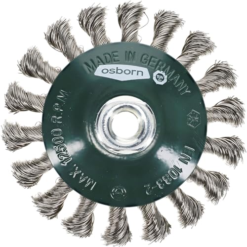 Osborn Kegelbürste für Winkelschleifer 115 mm, Durchmesser 115 x 15 mm Gewinde M 14 x 2, gezopfter rostfreier Stahldaht 0,50 mm TÜV geprüft, grün, 2632351