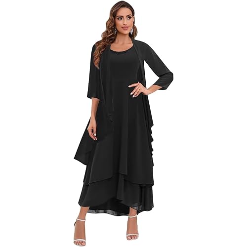 BANTRATIC 2 Pieces Mother of The Bride Dress for Wedding A-Line Tiered Chiffon Ankle Length 3/4 Sleeve Formal Party Gown