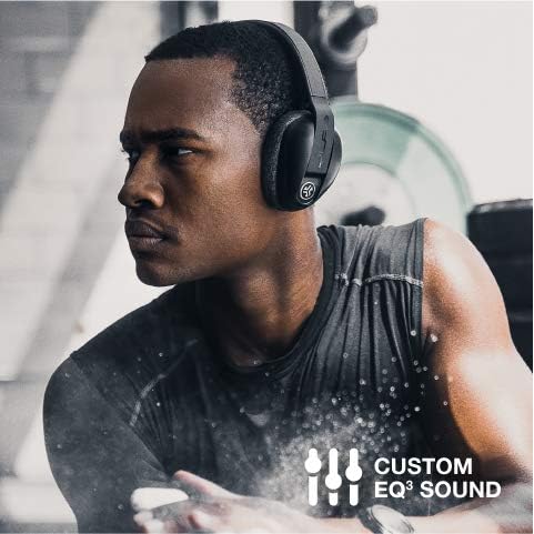Man wearing JLab Flex Sport headphones with 'CUSTOM EQ3 SOUND' icon