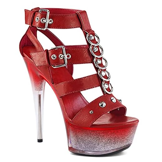 BeAUZQ Dam Punk Metal Chain Gladiator Sandaler 6 tum Stiletto Högklackat Mode Dam Bröllopsfest Balklänning Pumps Fetisch högklackat Skor Storlek 35-46,Red,43