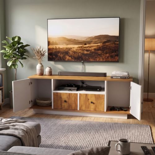 Image of FFO Grecian TV Unit for Living Room 55 Inch TV | TV Cabinet with 2 Drawers, 2 Side Cabinets & Open Media Shelf | Engineered Wood Entertainment Unit for Set-Top Box & Gaming Console | DIY