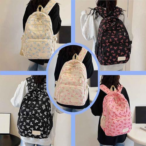3Pcs Set Bow Backpack for Girls, Aesthetic Cute Bow Backpack Set Daypack Rucksack Large Capacity, Cute Daypack Rucksack for Travel with lunchbox (Blue)3