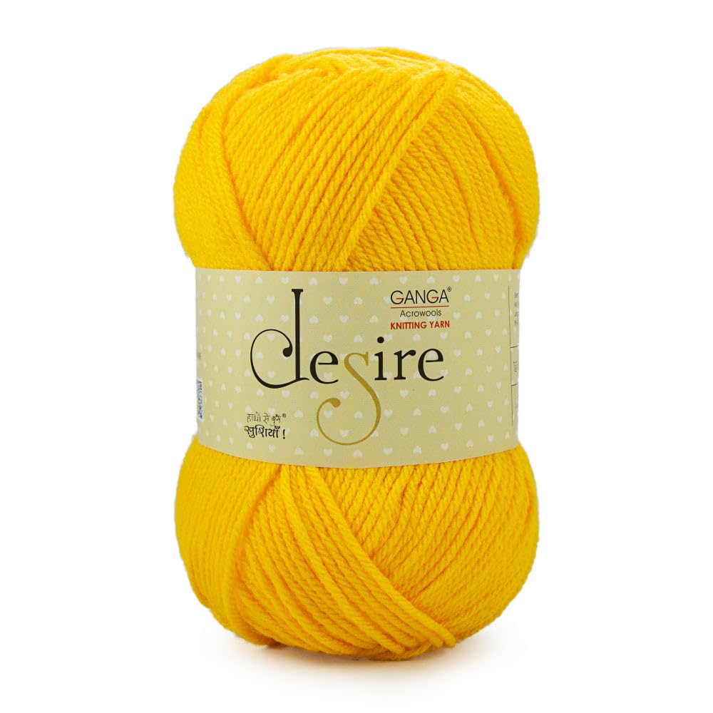 Ganga Acrowools Acrylic Desire Hand Knitting and Crochet Yarn. Pack of 1 Ball - 100Gms. Shade No - (Dis0120)Yellow