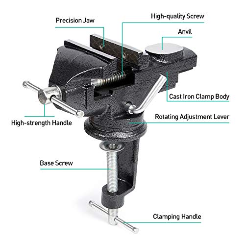 Universal 3 Inch Table Vise, 360° Rotating Swivel Base Bench Vise Heavy Duty Woodworking Clamps Home Vise Clamp-On Vise Movable Work Bench Vise For Woodworking, Black - Thumbnail 5