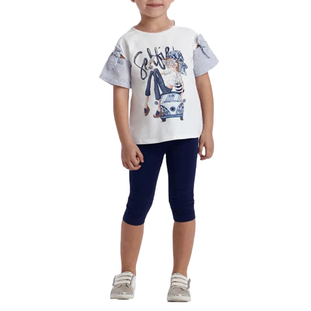 Generico Conjunto completo niña camiseta blanca con gráficos Selfie y pantalones leggings azul marino – Manga corta con lazo, look casual verano modelo 3736