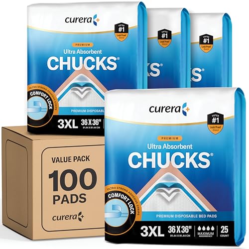 Curera Chucks Premium Desechables Almohadillas inferiores 91 x 91 cm [100 Count] Ultra Absorber Chux Incontinencia Almohadillas de Cama Desechables Adulto con Cinta adhesiva, almohadillas de pee