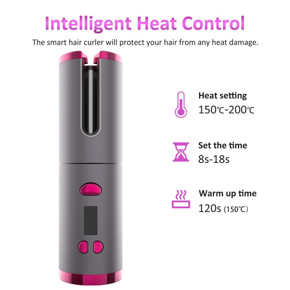 EMEBAY Fer à Friser Automatique Sans Fil, Boucleur à Cheveux Batterie Rechargeable 4000mAh, Bigoudi Anti-Brûlures avec Minuterie, Fer à Boucler Portable 6 Température Cheveux Longs et Courts