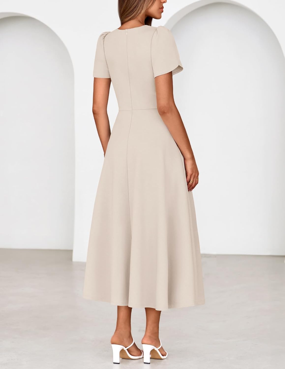 MEROKEETY Women's 2026 Summer Midi Dresses Short Sleeve Crewneck A Line Pleated Wedding Guest Flowy Long Dress with Pockets - Image 5