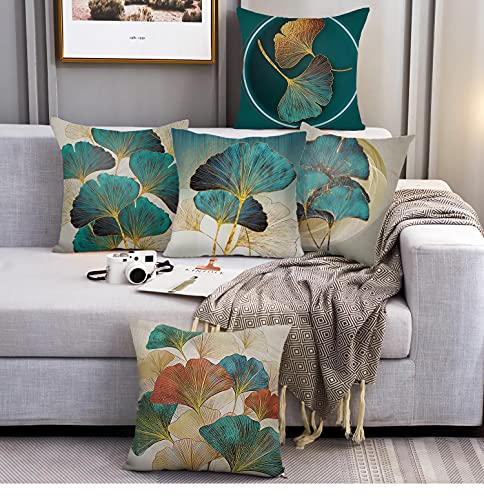 Throw Pillow Cover Plant Leaves - 18 X 18 Inch Teal Gold Pillow Cushion Cover - Set Of 2 Square Hidden Zipper Cushion Case, Great For Sofa, Bedroom, Yard, Living Room Decor (Teal And Gold, 18"X18") #TOP6
