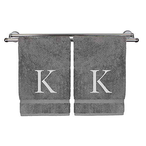 Monogrammed Hand Towel, Personalized Gift, Set of 2- Silver Block Letter Embroidered Towel - Extra Absorbent 100% Turkish Cotton - Soft Terry Finish - Initial K Gray