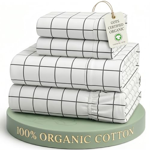 Image of LANE LINEN King Size Bed Sheets 100% Organic Cotton Cooling - Windowpane | Pure Long-Staple Organic Cotton King Sheet Set - Naturally Cooling & Lightweight, Cool All Summer, Cozy All Winter