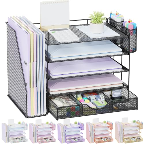 Image of gianotter 5-Tier Desk Organizer with Drawers and File Holders | Letter Trays and Pen Holders - Workspace Accessories for Office Supplies (Black)