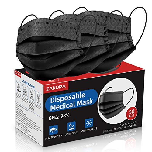 Black Medical Disposable Face Masks, Medical Grade Face Covering 3ply 98% Soft Breathable Adjustable Elasticity Earloops W/Nose Wire for Adult Teens Protective (Sealed Dispenser Box)