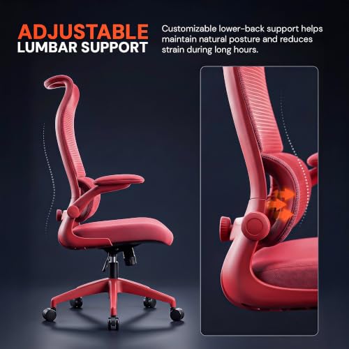 Image of DROGO Chrono Ergonomic Office Chair for Work with Adjustable Lumbar Support | Curved Back Breathable Mesh | Computer Chair With 120 Recline | 2D Padded Armrest & Heavy Nylon Base, 1-Yr Warranty (Red)