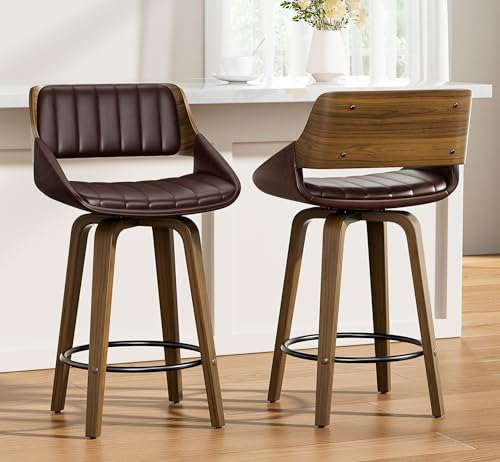 Image of YaFiti Bar Stools Set of 2, 26 inch Swivel Counter Height Barstools with Bentwood Back and Legs, Mid Century Modern Upholstered Faux Leather Counter Stools for Kitchen Island, Bar, Dining Room, Brown
