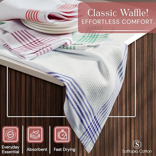 Image of Waffle White & Multi Colors Kitchen Towels Set of 4, 100% Cotton, 16x26 inches, Quick Dry Dishcloths, Ideal Dish Towel for Drying, Wiping - Indigo Blue, Red, Dark Green, Burgundy