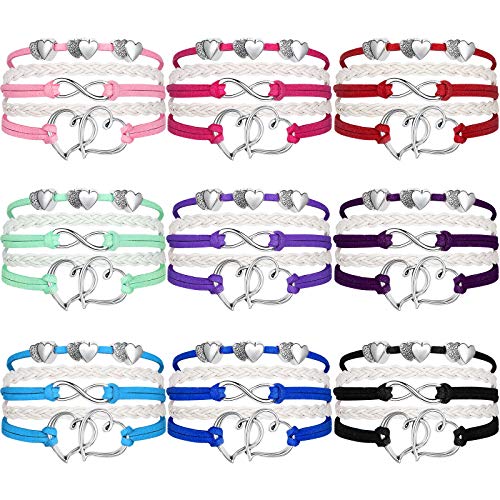 Yaomiao 9 Pieces Girls Leather Wrap Rope Bracelet Double Heart Bracelet with Infinity Symbol Jewelry for Teenage Girls and Young Women
