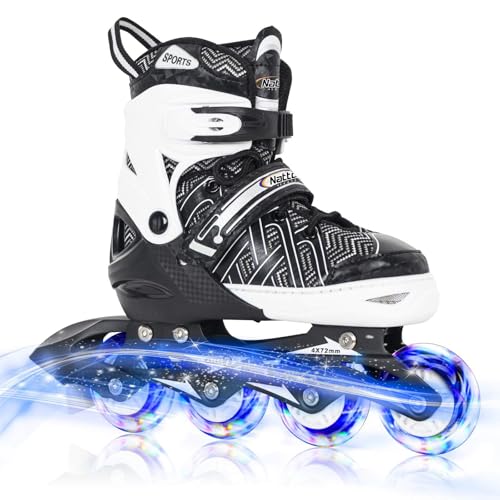 Image of Nattork Adjustable Inline Skates for Kids Boys & Girls, Blue Black Red with Light up Wheels, Youth Blade Roller Skating for Beginners Ages 3-15 (Black Knight-1, Medium(US 1-4Y) Big Kids)