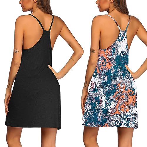 Image of Ekouaer 2 Pack Nightgown for Womens Nightshirt Sleepwear Sleep Tank Chemise Racerback Sleeveless Dress
