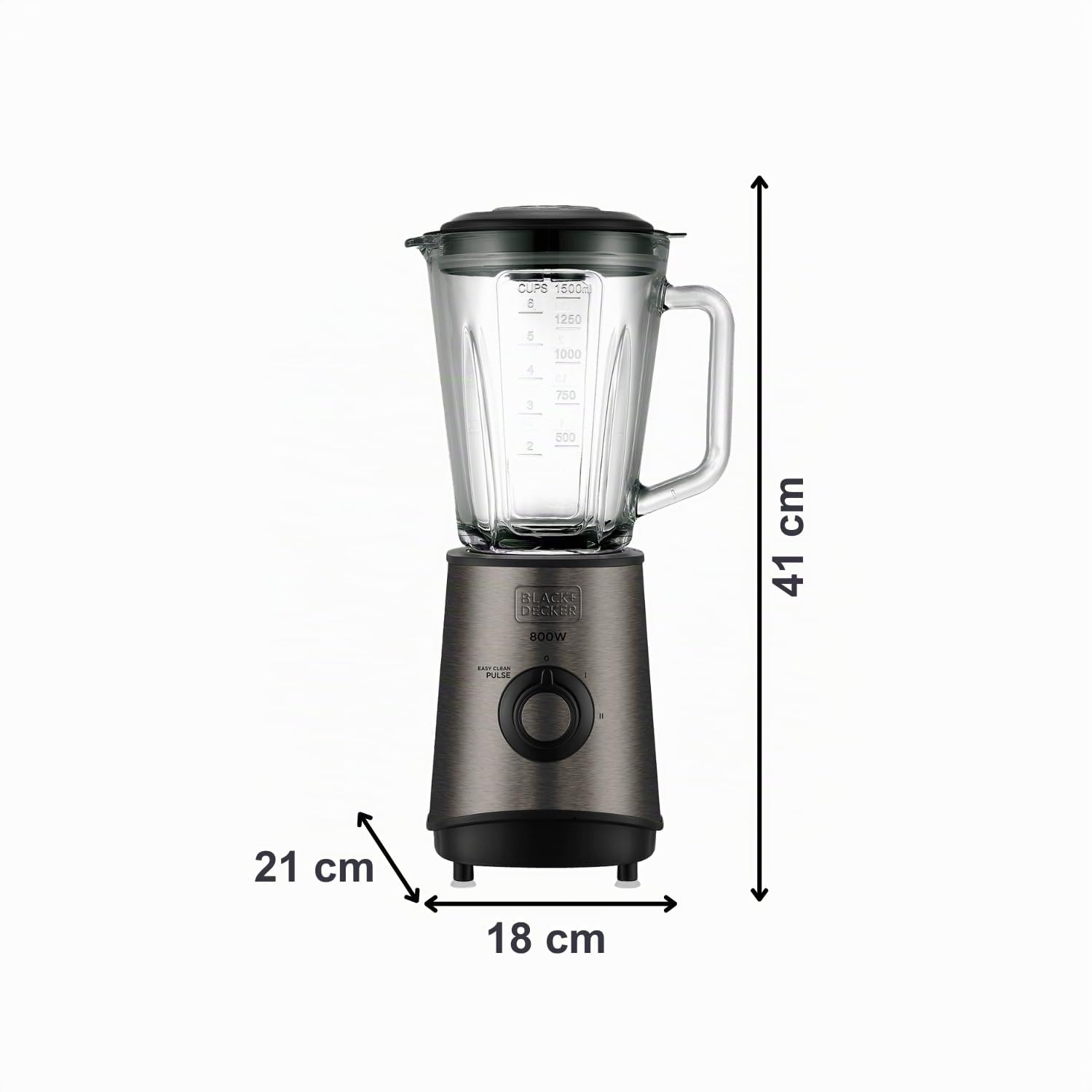 BLACK+DECKER - Mixeur en Verre 800W | Pichet 1,5L Gradué | 4 Lames Inox Haute Résistance | Multi-Vitesses + Fonction Pulse | Broyeur à Glace | Gobelet Doseur | Lavable au Lave-Vaisselle