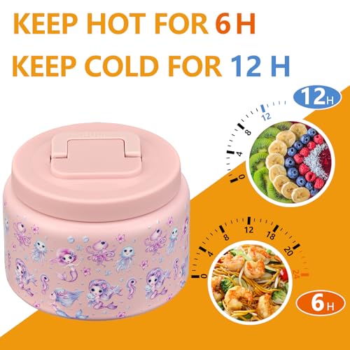 Image of PIQUEBAR 8oz Kids Thermo for Hot Food,Small Lunch Thermo Food Container Stainless Steel,Easy Open Wide Mouth Thermo for Hot Cold Food for Preschool Travel (Pink Seahorse)