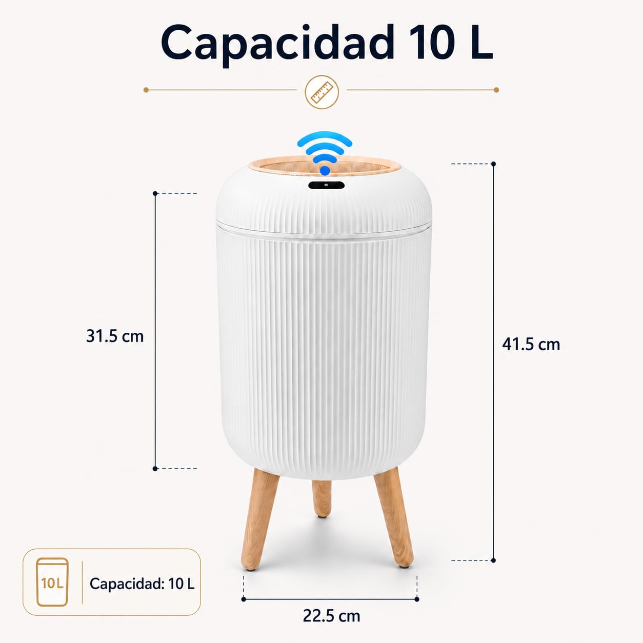 Papelera Automática 10L con Sensor para Baño, Blanca - Cubo Basura Inteligente con Diseño Redondo Elegante, Patas de Madera y Apertura Sin Contacto para Salón, Dormitorio u Oficina (10L)