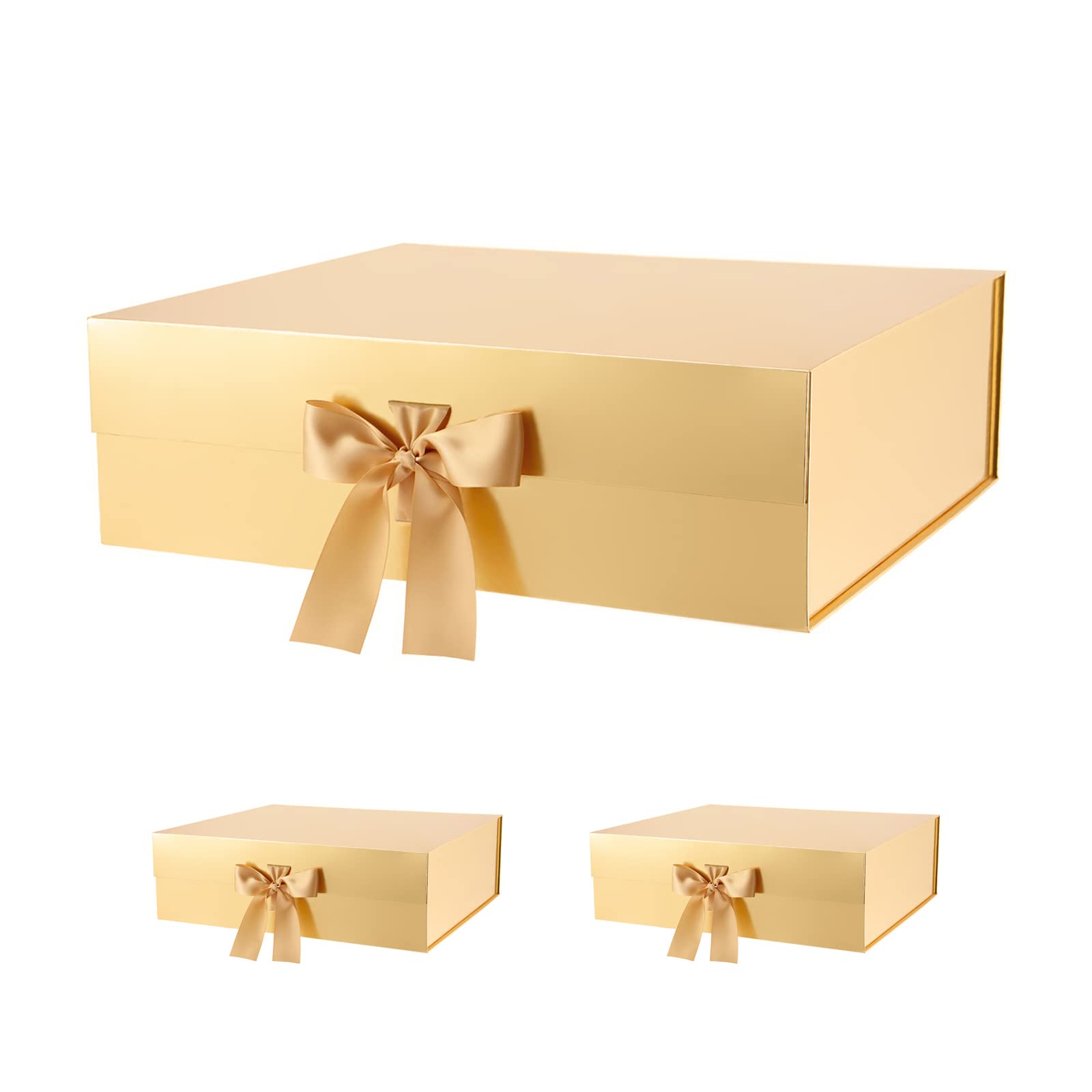 PKGMAGIC 3 x Geschenkboxen, extra groß, 41,4 x 36,07 x 12,7 cm, Geschenkboxen mit Band, extra große Geschenkboxen mit Deckel, Geschenkboxen für Kleidung und große Geschenke (Gold glänzend)