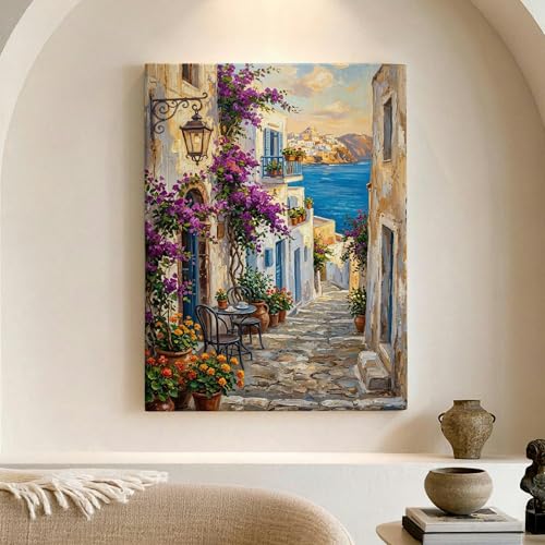 Lienzo decorativo de pueblo mediterráneo y cuadro de paisaje floral para estética del hogar