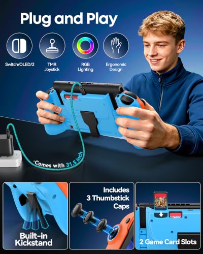 Image of OIVO Switch 1 /2 Controller for Original /OLED /Switch 2 Console, Stretchable Switch Handheld Joypad Ergonomic Grip for NS Pro Controller with RGB Light, TMR Joystick, Turbo, 4 Macro, Orange & Blue