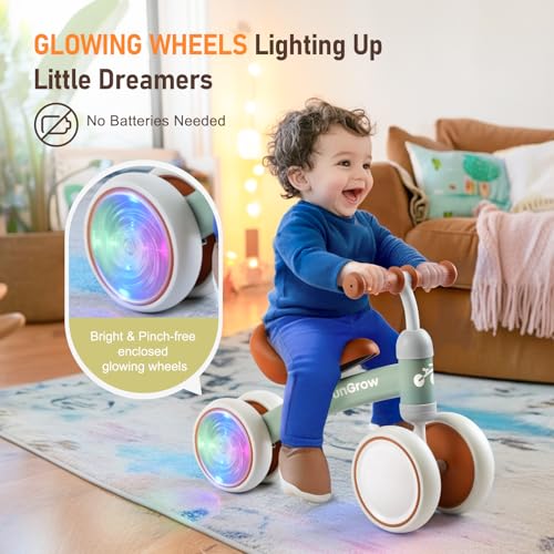 Image of Colorful Lighting Baby Balance Bike Toys for 1 Year Old Girl Gifts, Balance Bike 1 Year Old No Pedal, 12-24 Months Toddler Ride on Toys with 4 Silent Wheels & Soft Seat, 1st Birthday Gifts, Green
