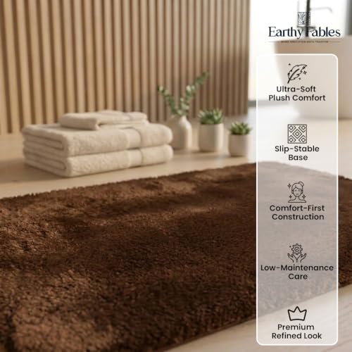 Image of Earthy Fables Plush Microfiber Bath Mat, Quick Dry, Anti-Skid, Water Absorbent, Non-Slip, Machine Washable Floor Rug, Shower Mat, Door Mat for Bathroom, Bedroom, 75 x 45 cm - Brown