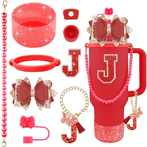 Hpebl 9PCS Red for Stanley Cup Accessories Set Bling Initials Bow Charms for Stanley Decorations 30/40 Oz Tumbler Accessories Including Bow Straw Topper, Handle Strap, Spill Stopper(Letter J)