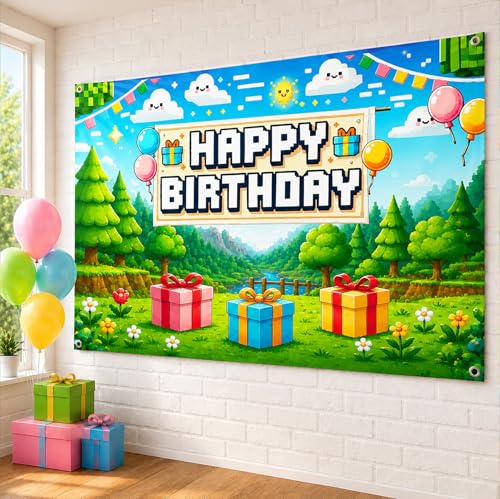 Image of Happy Birthday Banner Boy 5x3ft Birthday Sign Village Gaming Birthday Party Decorations Videogame Themed Banner Video Game Decorations Video Game Happy Birthday Backdrop for Boys