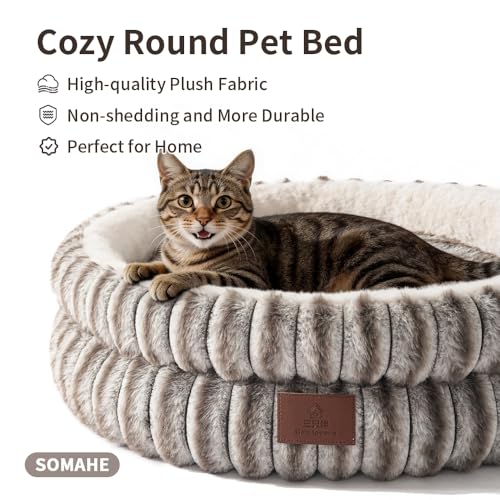 SOMAHE Cat Bed for Indoor Cats, Washable Round Plush, 20x20 Taupe Gray | Reversible Cushion + Machine Washable: soft round cat bed with plush raised sides for cozy indoor naps. - Image 3