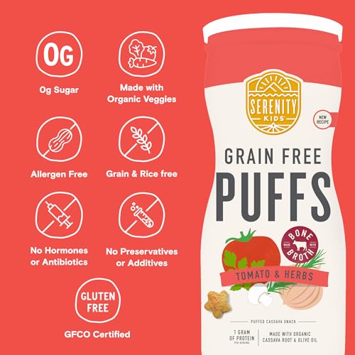 Image of Serenity Kids 6+ Months Grain Free Puffs Toddler & Baby Snack | No Added Sugar, Gluten & Rice Free, Allergen Free | Made with Organic Cassava, Veggies, and Herbs | Tomato & Mushroom | 1 Count