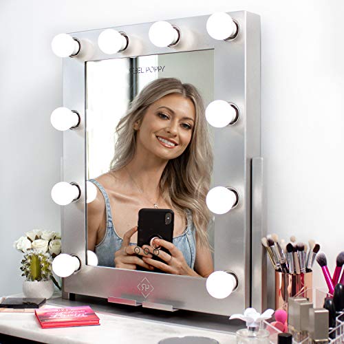 Rebel Poppy Large Vanity Mirrors with LED Lights, Phone Mount, Dim Lighting Touch Control, 21.5” x 19”, Fogless - Hollywood Mirror and Magnifying Set - Glam Silver